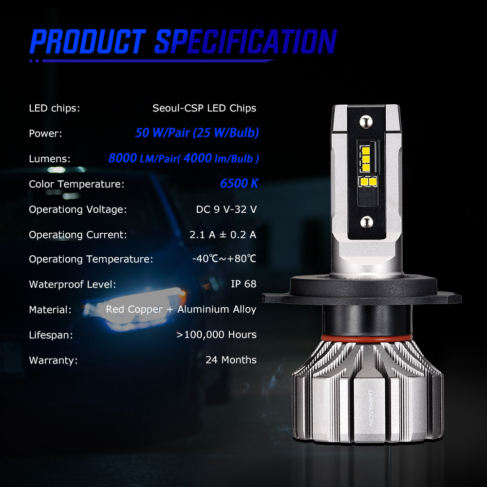 NOVSIGHT H4 Led Headlight 9005 HB3 9006 HB4 9012 H1 H3 H7 H11 H8 H9 Car Headlight Bulbs 50W 8000LM 6500K Fog Light Auto Headlamp