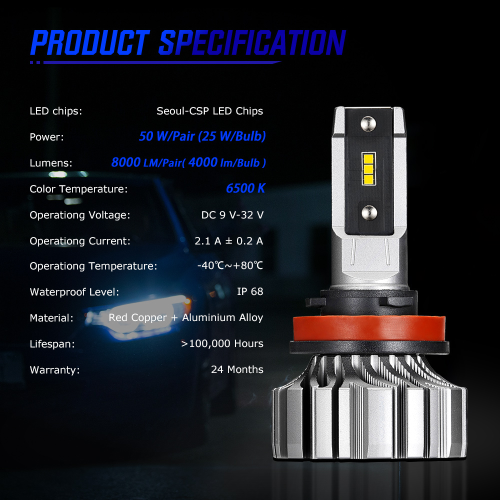 NOVSIGHT H11 LED H4 Bulbs H7 9005 HB3 9006 HB4 9012 H1 H3 H8 H9 Car Headlight Mini Design Auto Headlamps 50W 8000LM 6500K White