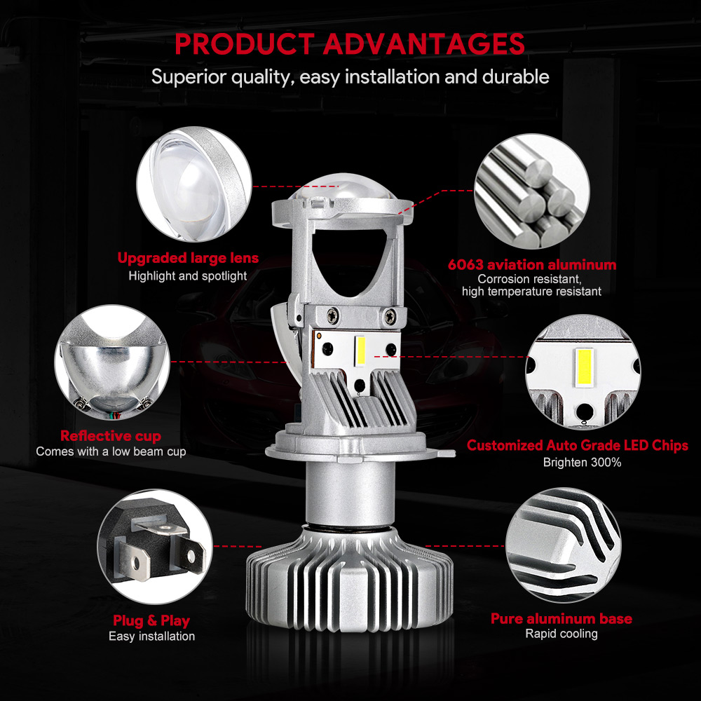 NOVSIGHT 80W/Pair Lamp H4 LED Mini Projector Lens Automobles LED Bulb Conversion Kit Hi/Lo Beam Headlight 12V/24V 6500K White