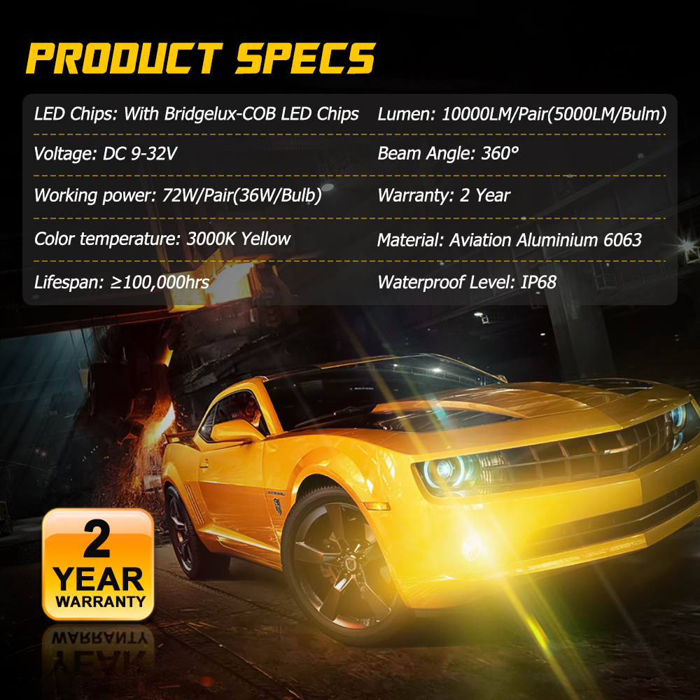 NOVSIGHT H11 Led Fog Lights Bulbs H1 H8 H9 H3 H4 H7 Car Accessories 3000K Yellow 72W 10000LM Mini Size Design Car Fog Lamp