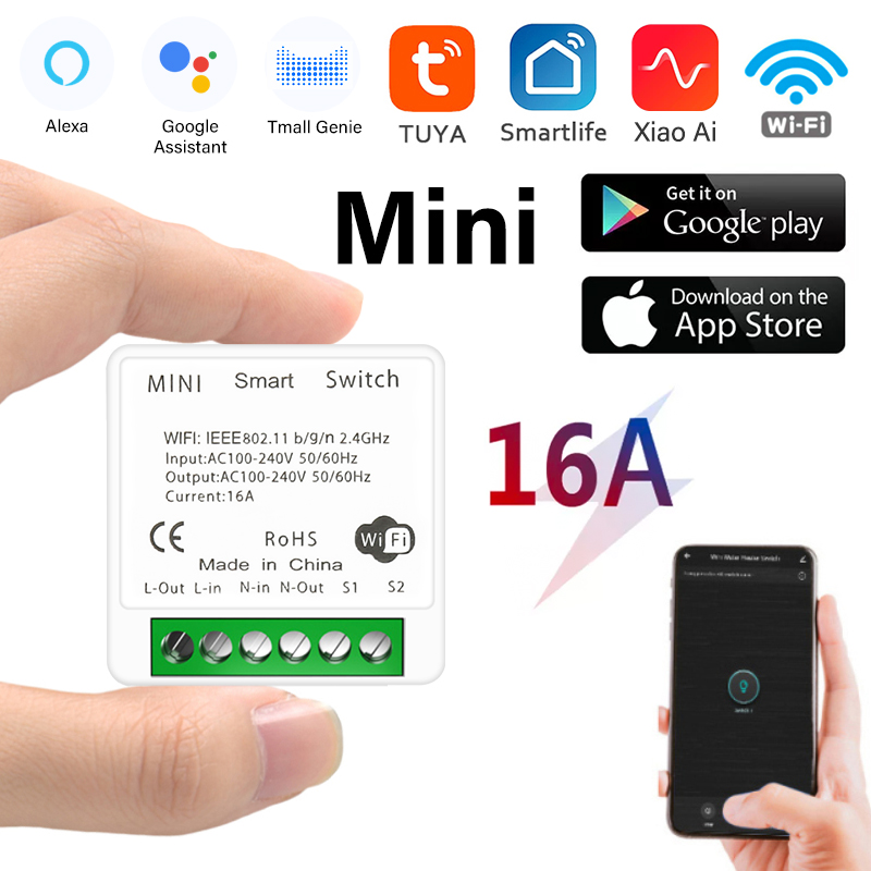 16A Tuya Mini WiFi Switch Module Smart Life Remote Voice Control Smart Light DIY Switch Module Smart Home With Alexa Google Home