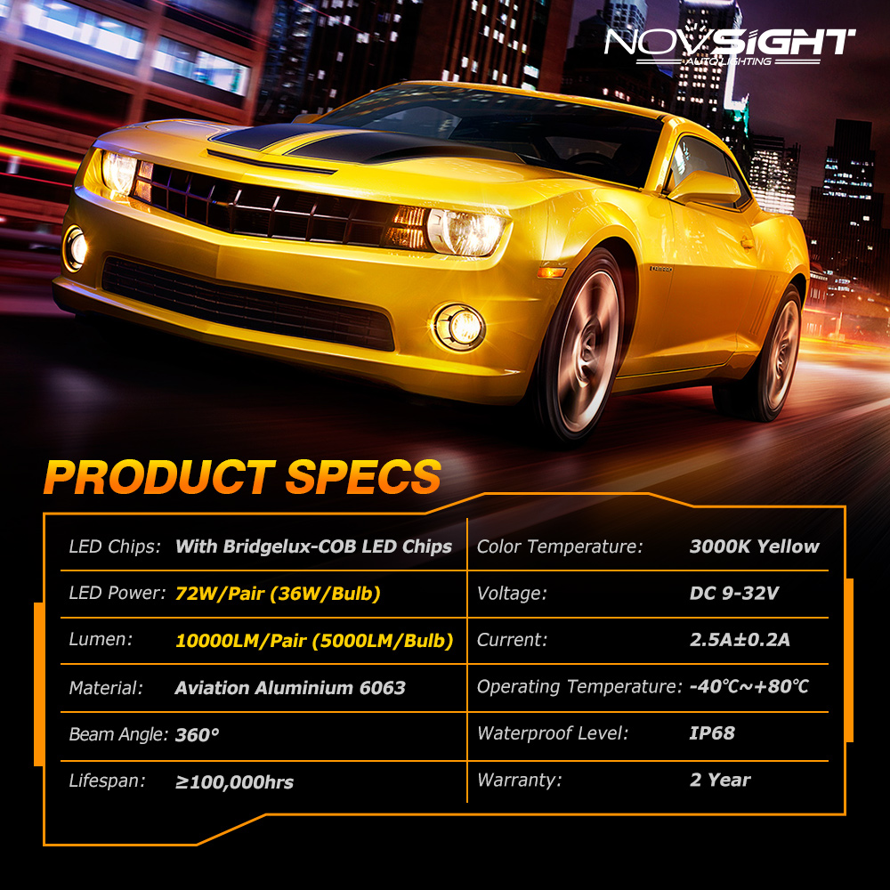 NOVSIGHT Car Headlight H4 LED H1 H3 H7 H11 H8 H9 H13 9005 9006 9007 Fog Light 3000K Yellow 10000LM 72W Auto Headlamp Bulbs