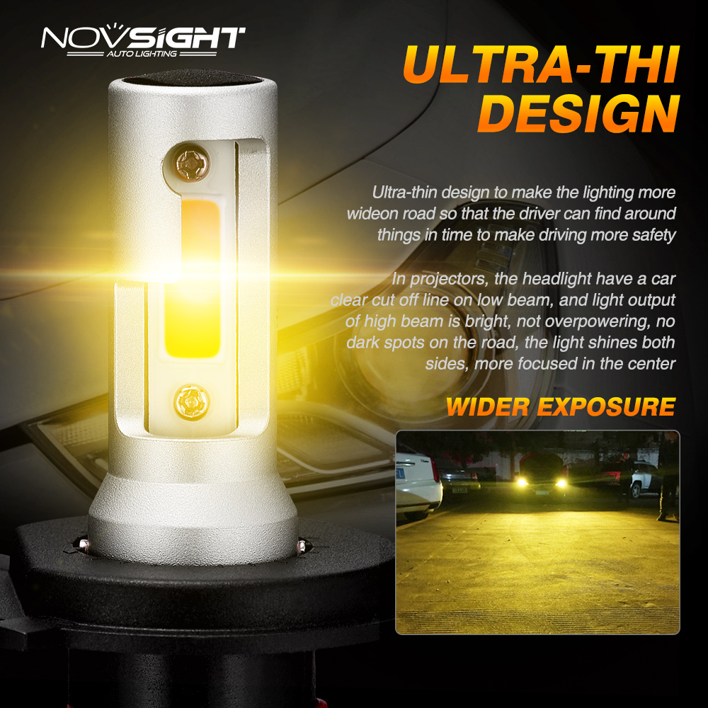 NOVSIGHT Car Headlight H4 LED H1 H3 H7 H11 H8 H9 H13 9005 9006 9007 Fog Light 3000K Yellow 10000LM 72W Auto Headlamp Bulbs