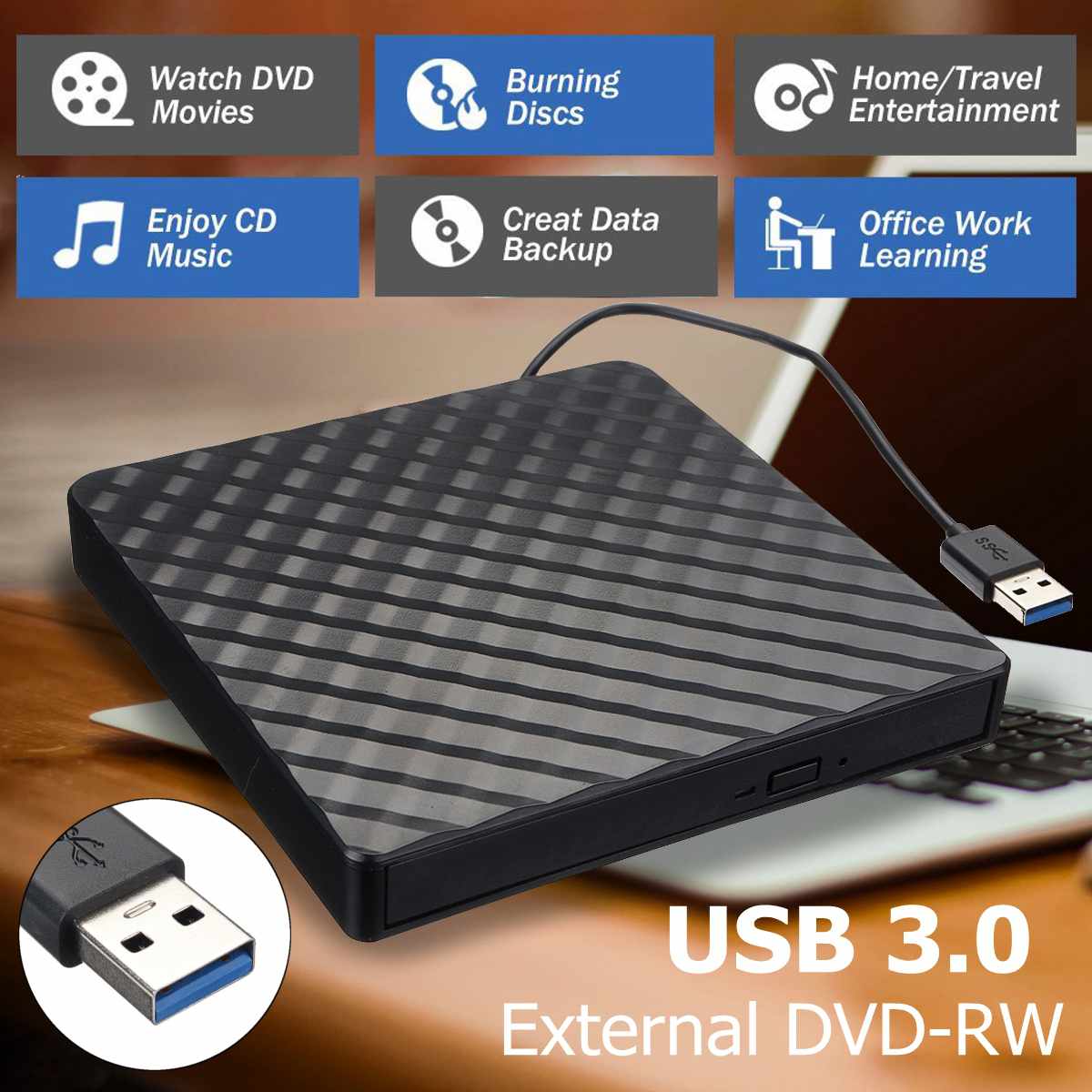 Newest USB 3.0 External DVD Burner Writer Recorder DVD RW Optical Drive CD/DVD ROM Player MACs OS Windows XP/7/8/10 ABS Plastic