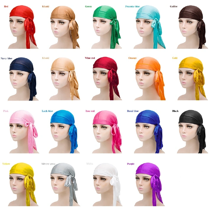 Hot selling men's and women's satin hats 24 colors long tail Muslim Plain headwrap breathable and silky Durag