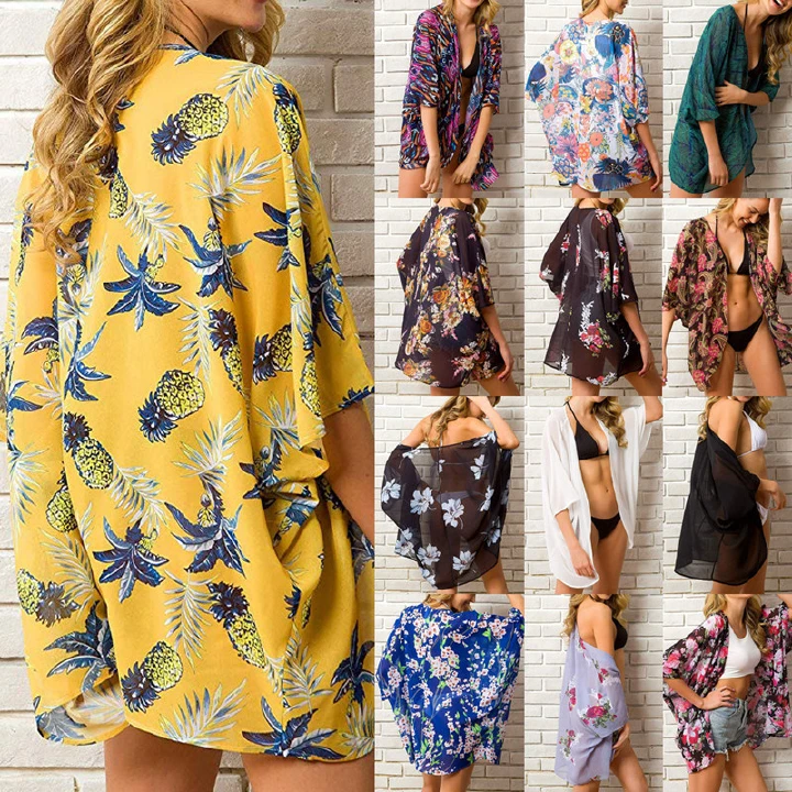 Sexy Ladies Floral Printed Seaside Sunscreen Shirt Women Chiffon Thin Cardigan Sweet Sunscreen Blouse