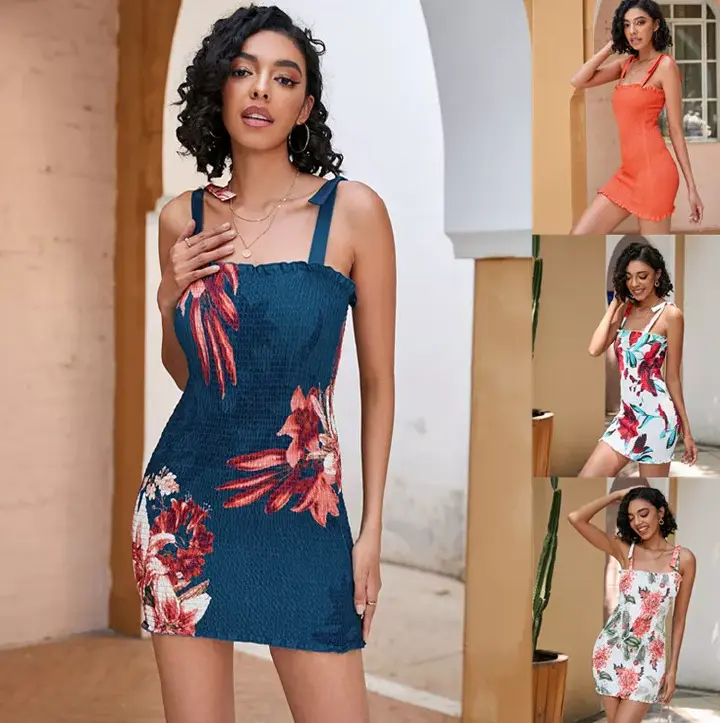 Women Casual Sexy Clothing Sleeveless Ruched Mini Tight Floral Dresses