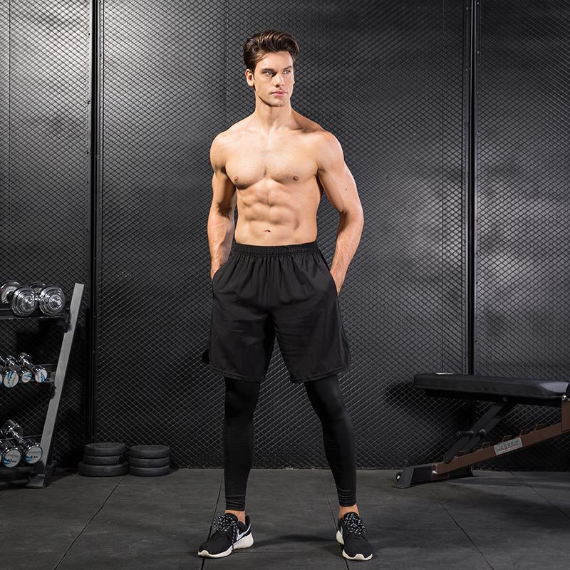 Sport Pant Man Running Trousers Like 2 Pieces Sportwear Quick Drying Short Tights Fake Two-piece Sportwear Sweat Wicking Gym Wear Breathable Lightweight Fitness Running Training Casual Elastic Clothes