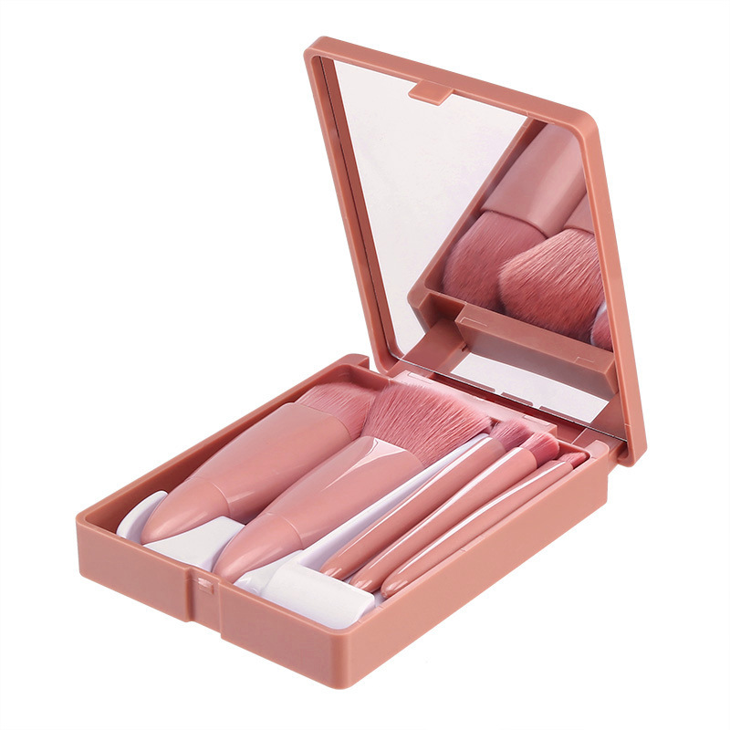 Portable 5 Pieces Makeup Brushes + Mirror Box Storage - Full Set of Mini Foundation Brush Eye Shadow Brush Soft Fiber