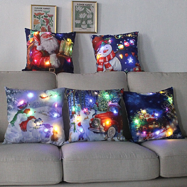 2 Pieces Colored Lights Christmas Luminous Pillow Cover LED Pillows European and American Christmas Short Plush Pillowcases