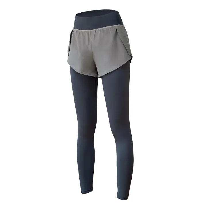 Nude Fake Two-piece Yoga Running Pants Women's Pocket Fitness High-waist Hip-lifting Elastic Tight-fitting Thin Sports Trousers