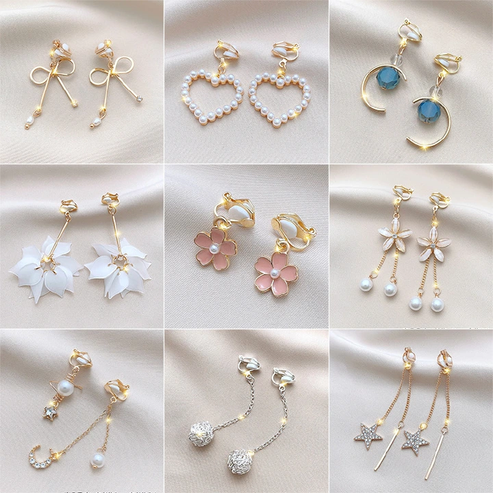 9 Pieces Clipon Earrings Set Woman No Pierced Ears Fashion Earring Tassel Ear Clips Female Earrings Super Fairy Ear Hanging Jewelry Trendy Earrings