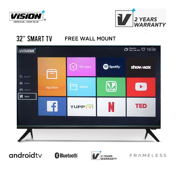 Vision Plus 32 inch tv Smart TV frameless 32" Frameless TVs Android , HD TV, DVB-T2 | S2, Televisions + FREE WALL BRACKET  VP8832SF 2 years  warranty quality audio televisions