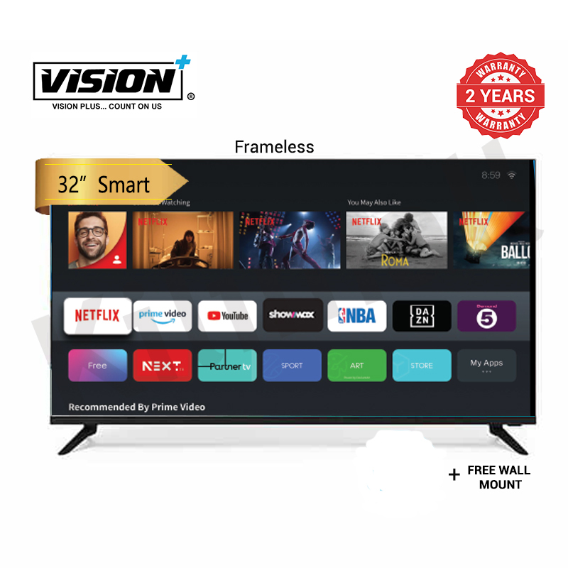 Vision Plus 32 inch tv Smart TV frameless 32" Frameless TVs Android , HD TV, DVB-T2 | S2, Televisions + FREE WALL BRACKET  VP8832SF 2 years  warranty quality audio televisions