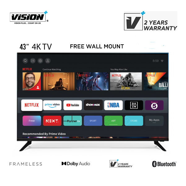 Vision Plus 43 inch Smart  TV  43"  Frameless Televisions ,  FULL HD TV, DVB-T2 | S2, Android + FREE WALL BRACKET  VP8843SF Affordable quality Tv 2 years warranty