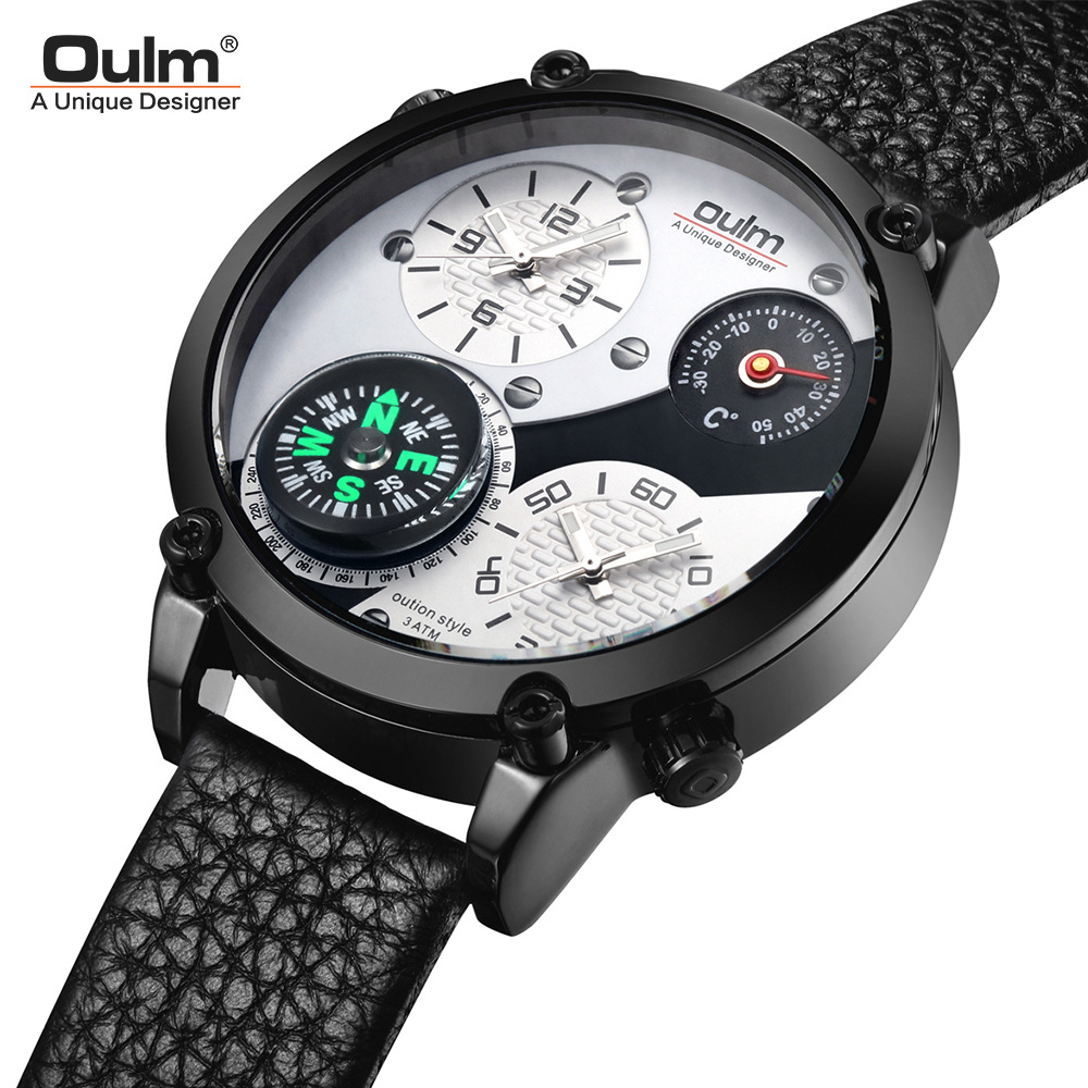Watches Men's Watches Oulm Thermometer Large Dial Men's Watch Double Time Zone Compass Leather Quartz Watch Mens Watches Top Brand Luxury