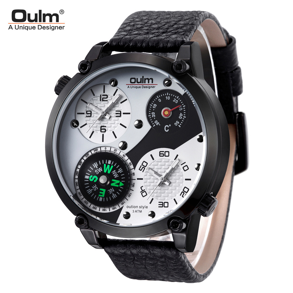 Watches Men's Watches Oulm Thermometer Large Dial Men's Watch Double Time Zone Compass Leather Quartz Watch Mens Watches Top Brand Luxury