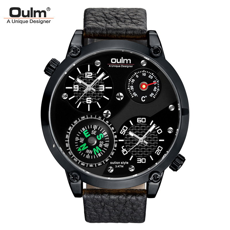 Watches Men's Watches Oulm Thermometer Large Dial Men's Watch Double Time Zone Compass Leather Quartz Watch Mens Watches Top Brand Luxury