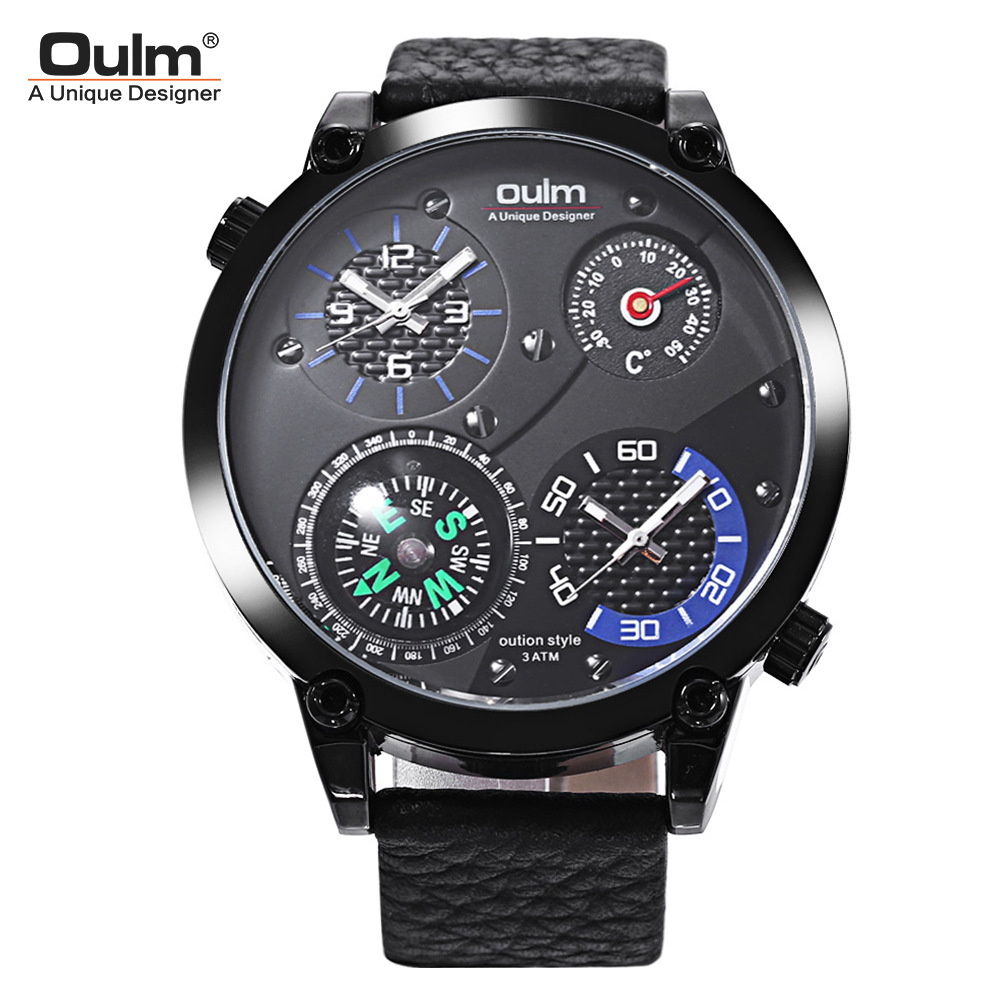 Watches Men's Watches Oulm Thermometer Large Dial Men's Watch Double Time Zone Compass Leather Quartz Watch Mens Watches Top Brand Luxury