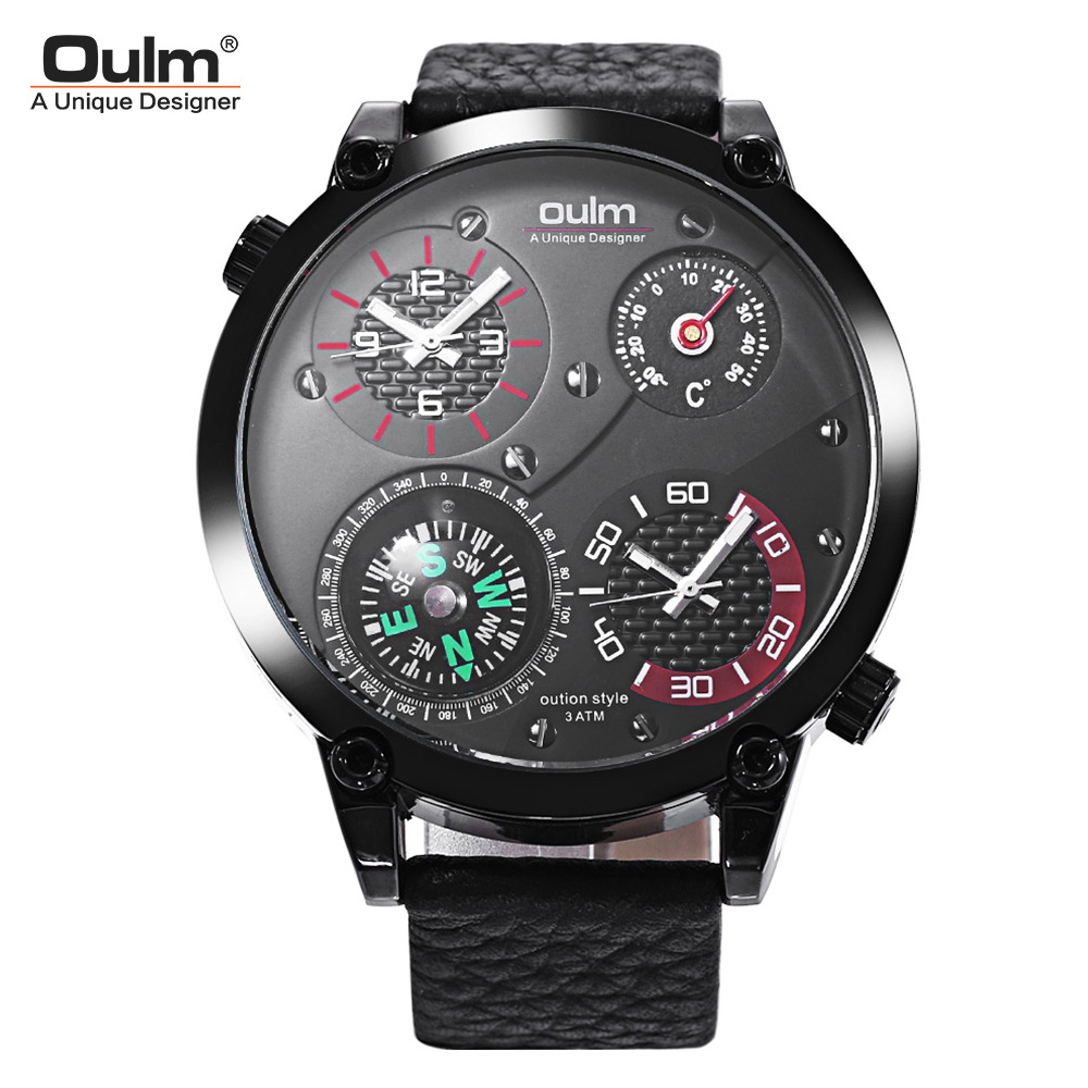 Watches Men's Watches Oulm Thermometer Large Dial Men's Watch Double Time Zone Compass Leather Quartz Watch Mens Watches Top Brand Luxury