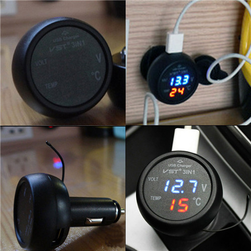 Multifunction Car USB Charger Thermometer Voltage Meter Monitor Cigarette Lighter  USB Charger