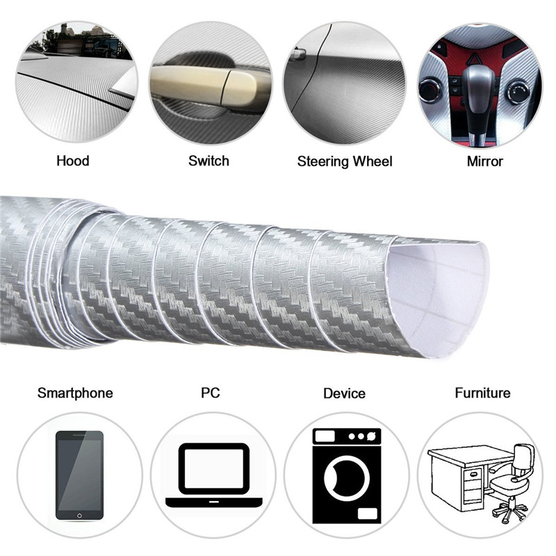 Silver 3D Carbon Fiber Vinyl Car DIY Wrap Sheet Roll Film Sticker Decal