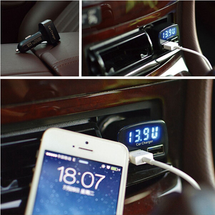 4 In 1 Dual USB Car Charger Voltmeter Volt Current Temperature Meters Portable Car Voltage Tester