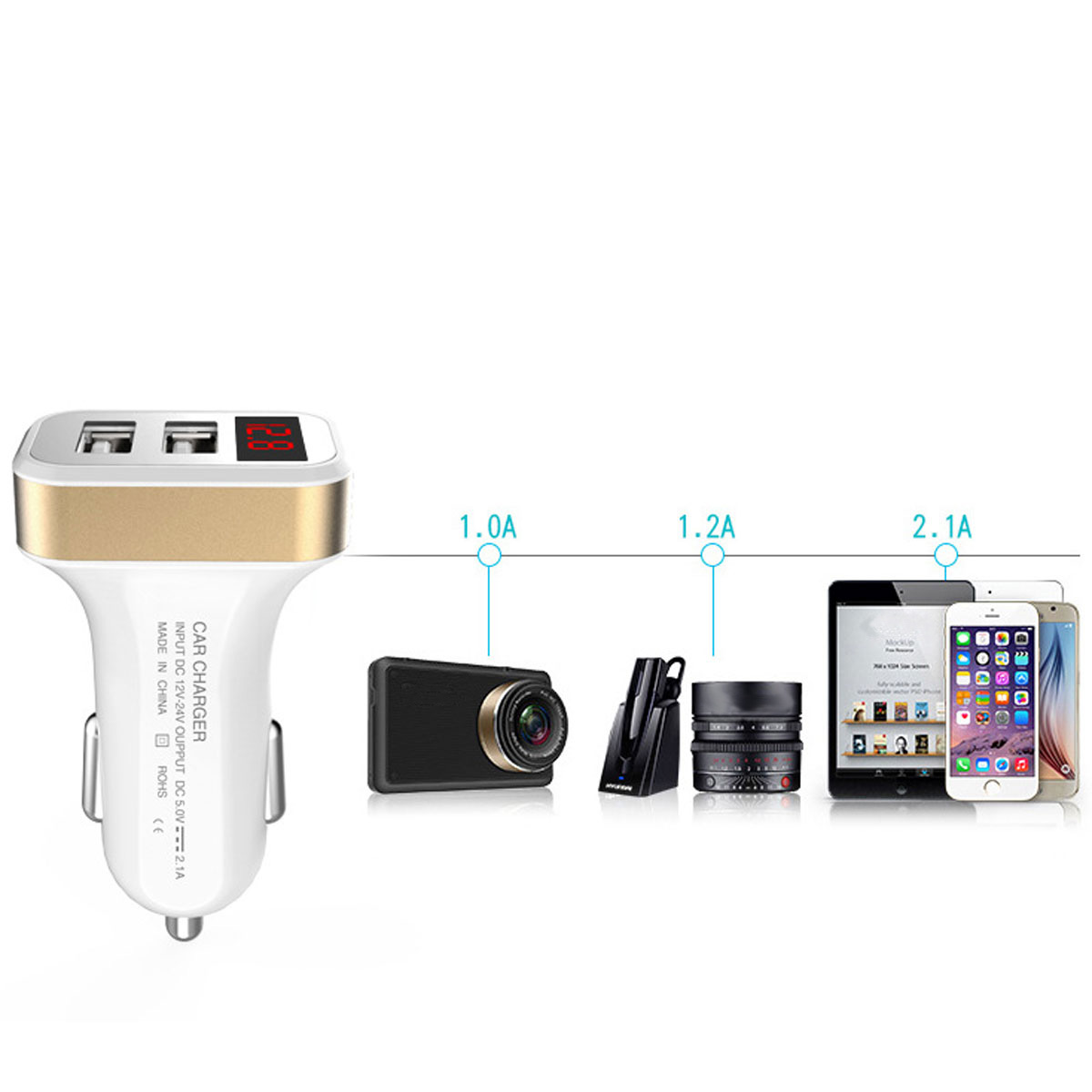 Car Charger Adapter 2.1A Digital LED Voltage/Current Display Auto Vehicle Charger