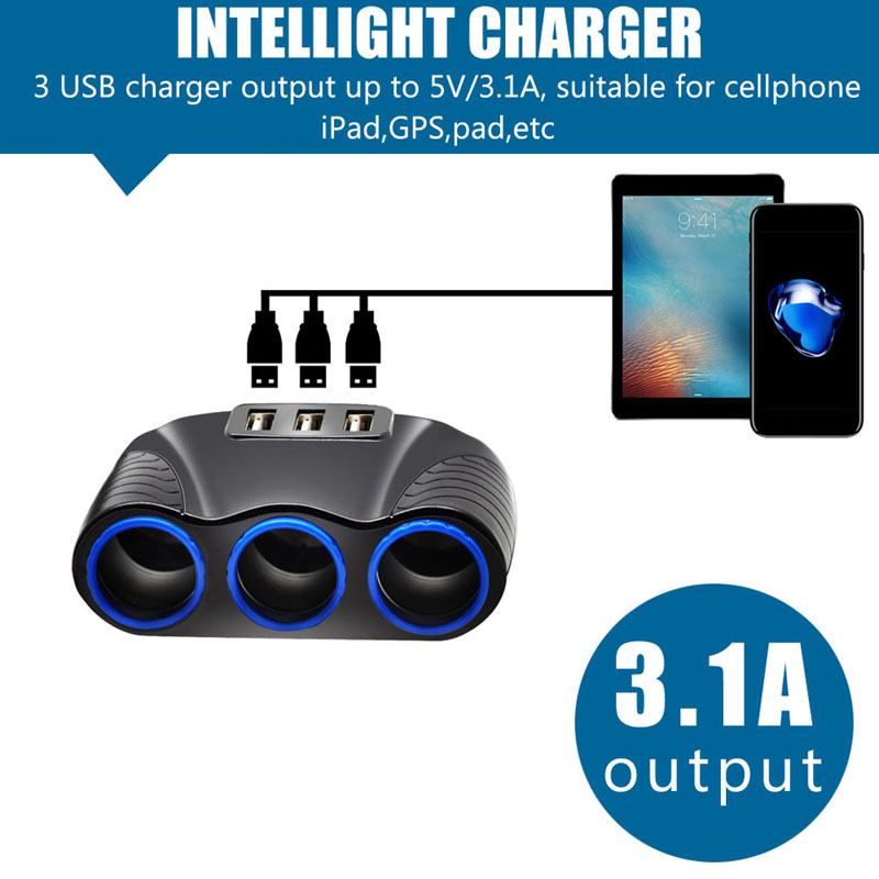 New 3.1A 12V Car Charger 3 in 1 Cigarette Lighter Splitter Power Adapter USB CarC harger Socket