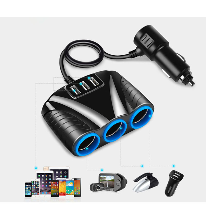 New 3.1A 12V Car Charger 3 in 1 Cigarette Lighter Splitter Power Adapter USB CarC harger Socket
