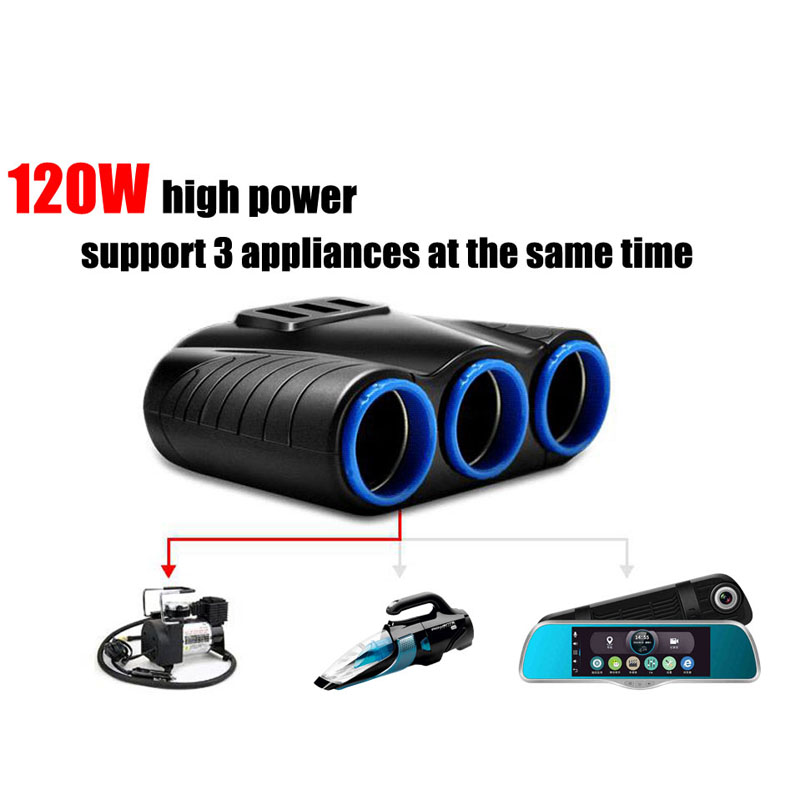 New 3.1A 12V Car Charger 3 in 1 Cigarette Lighter Splitter Power Adapter USB CarC harger Socket