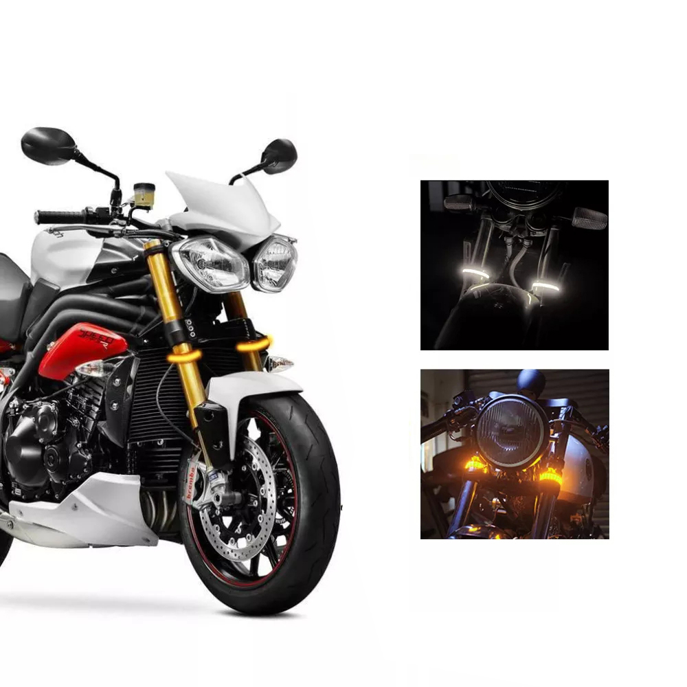 LED Motorcycle Turn Signal Light DRL Amber White Moto Flashing Ring Fork Strip Lamp