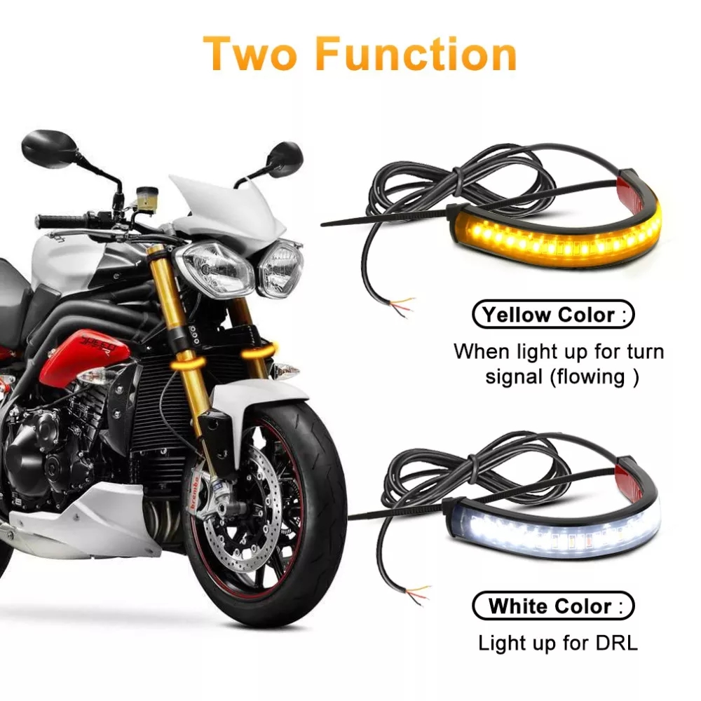 LED Motorcycle Turn Signal Light DRL Amber White Moto Flashing Ring Fork Strip Lamp