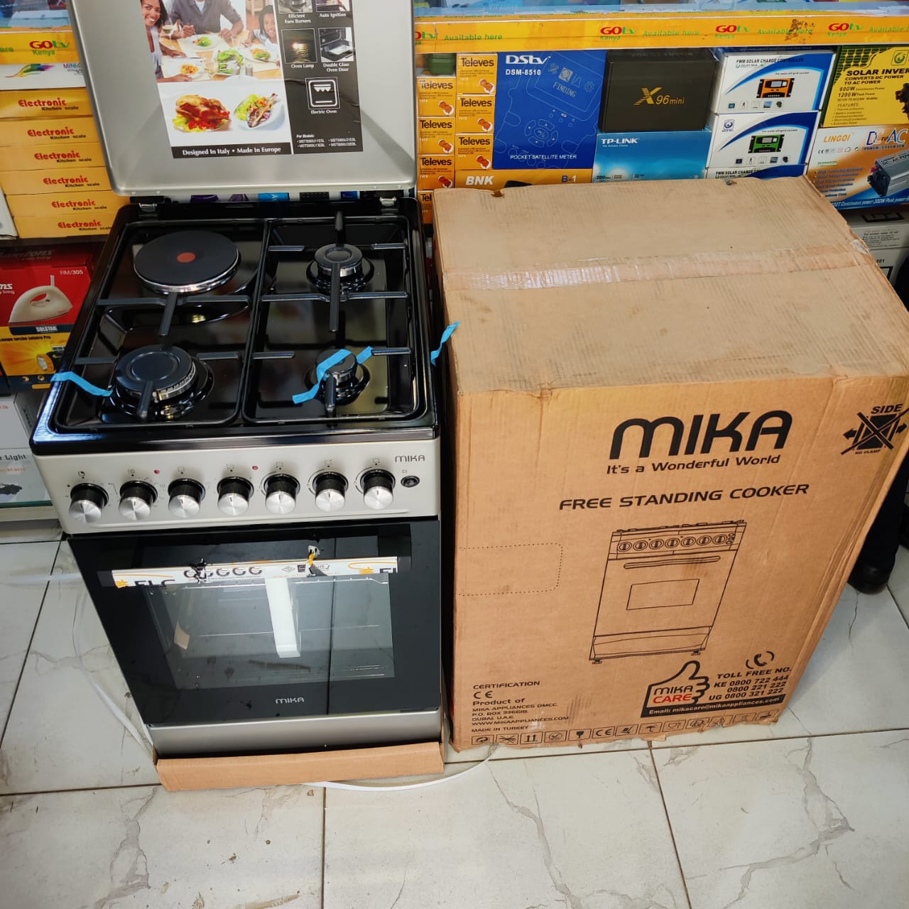 MIKA FREE Standing Cooker, 50cmx60 cm, 3 Gas Burner + 1 Electric Plate & Electric Oven+1 YEAR WARRANTY