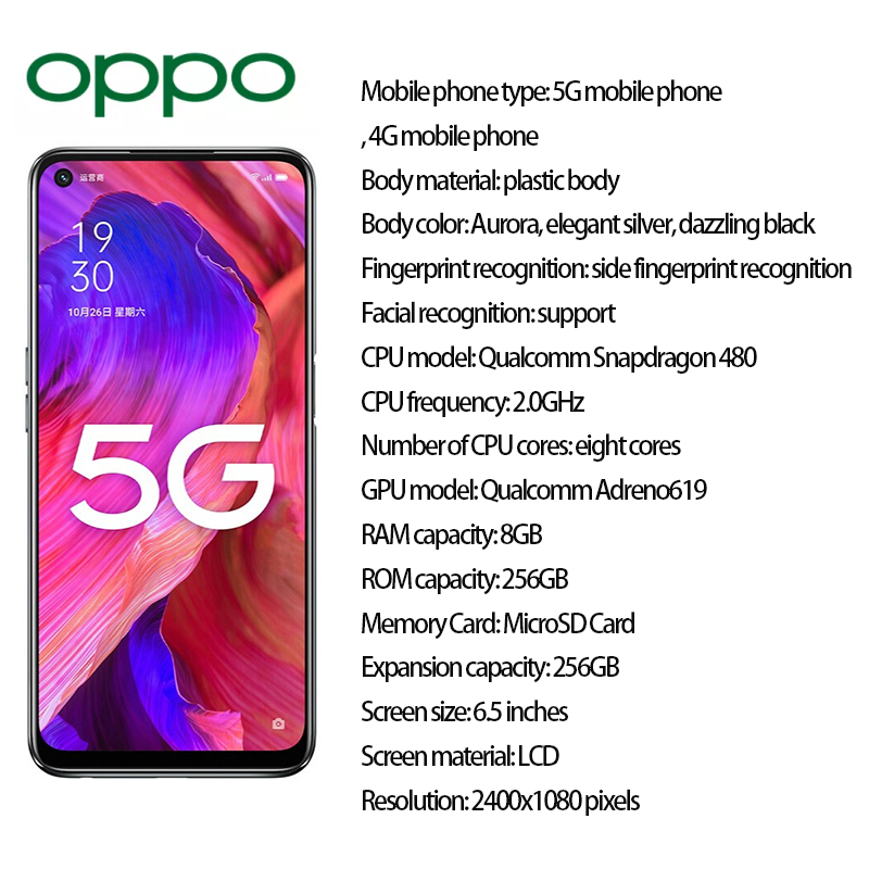 Refurbished oppoA93 Smart Phone 8+256GB with fingerprint unlock 6.5 inch support 2G/3G/4G/5G network dual SIM 5000mAh