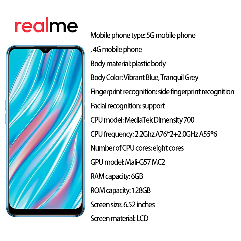 Refurbished Realme V11 Smart Phone 8+128GB With Fingerprint Unlock 6.52inch Support 2G/3G/4G/5G Network Dual SIM 5000mAh