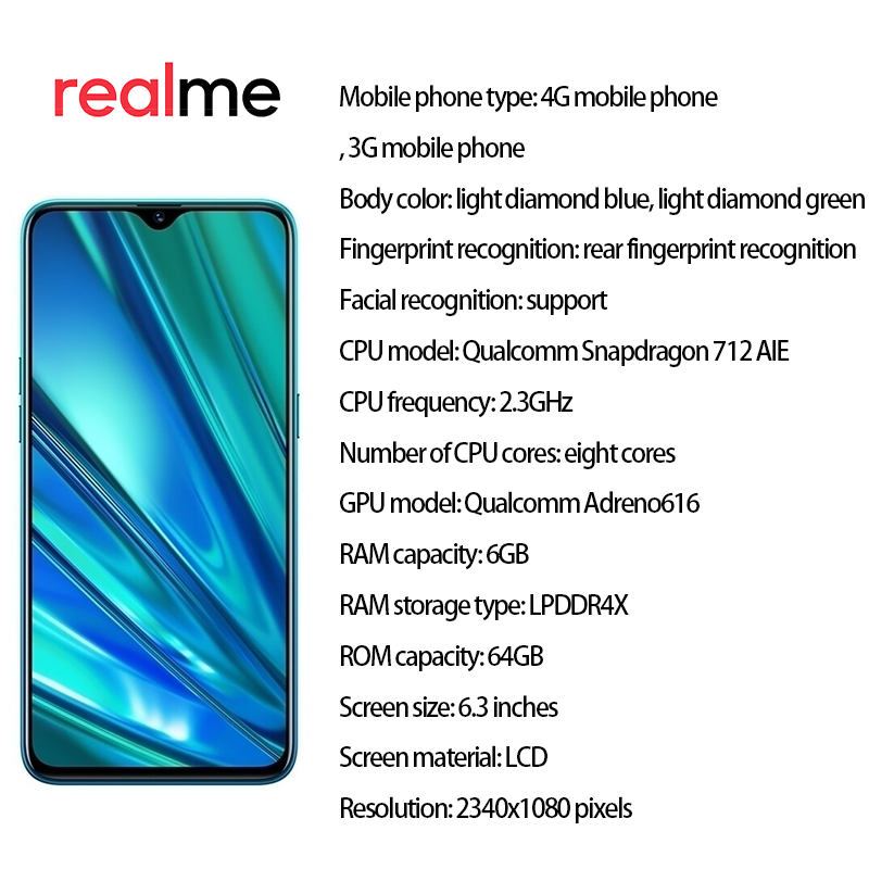 Refurbished Realme Q Smart Phone 6+64GB With Fingerprint Unlock 6.3inch Support 2G/3G/4G Network Dual SIM 4035mAh