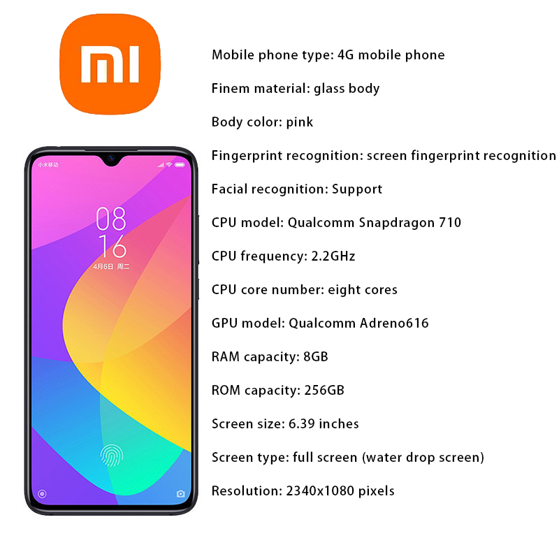 Refurbished Xiaomi CC9 Smart Phone 8+256GB with FingerPrint Unlock 6.39 Inch Support 2G/3G/4G Network Dual Sim 4030mah