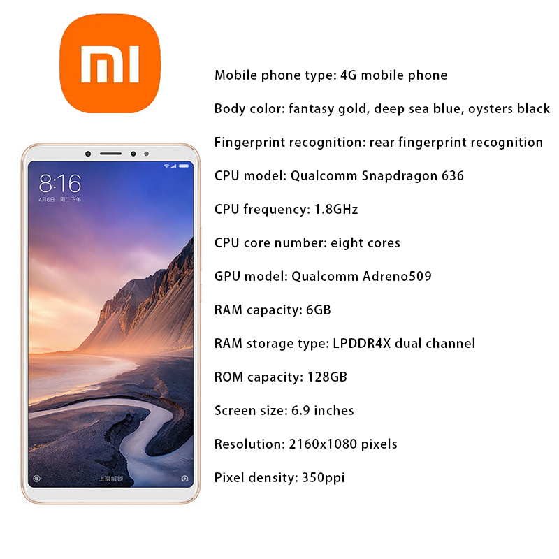 Refurbished Xiaomi Max3 Smart Phone 6+128GB with FingerPrint Unlock 6.9 INCH Support 2G/3G/4G Network Dual Sim 5500mAhh