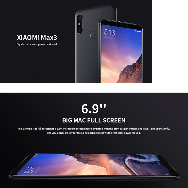 Refurbished Xiaomi Max3 Smart Phone 6+128GB with FingerPrint Unlock 6.9 INCH Support 2G/3G/4G Network Dual Sim 5500mAhh