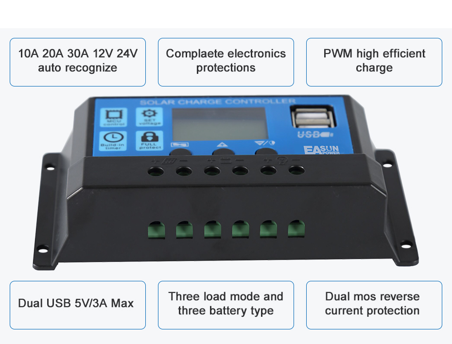 MPPT Solar Charge Controller PWM 100A 60A 50A 40A 30A 20A 10A Solar Power Regulator 12V 24V Auto Dual USB LCD Display Load Discharger