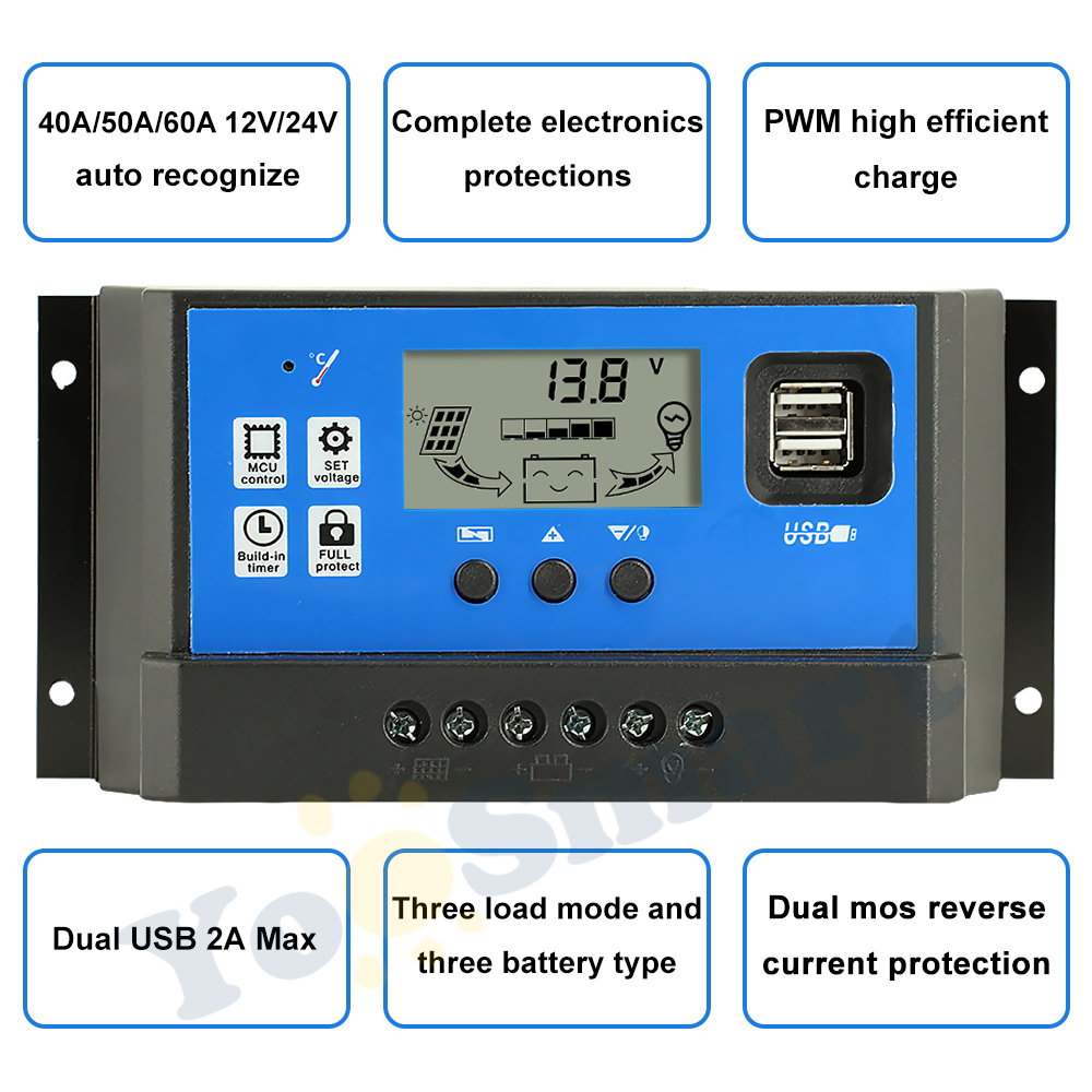 MPPT Solar Charge Controller PWM 100A 60A 50A 40A 30A 20A 10A Solar Power Regulator 12V 24V Auto Dual USB LCD Display Load Discharger