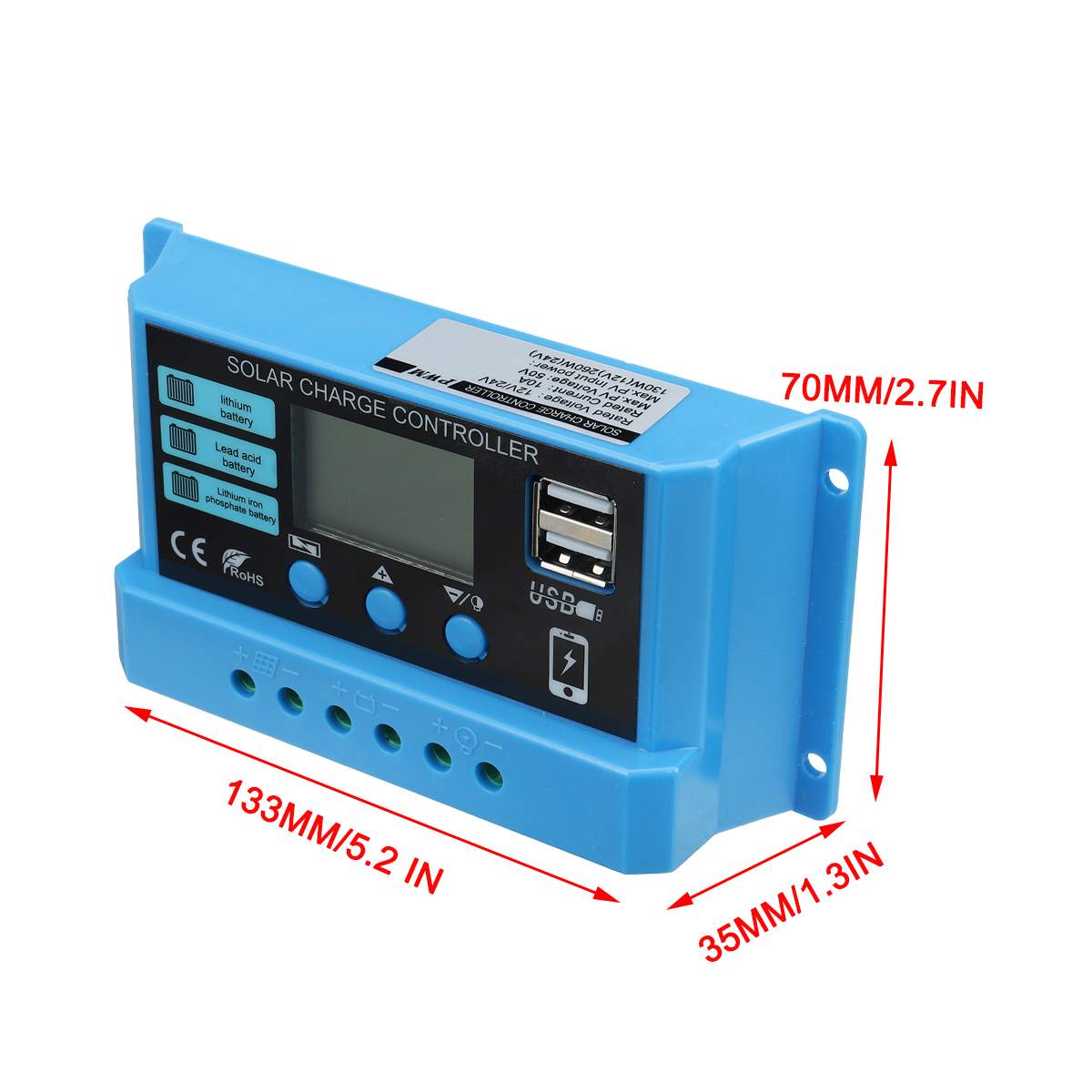 30A/20A/10A Solar Charger Controller 12V 24V Auto PWM Controller LCD Display Dual USB Solar Power Regulator for Lithium Battery