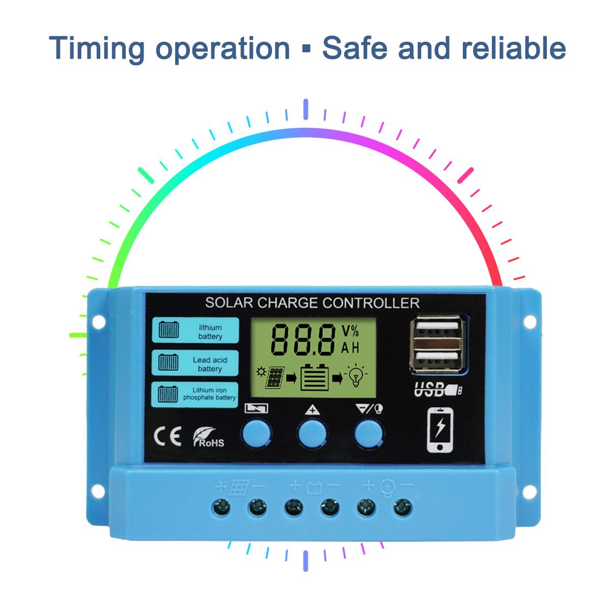 30A/20A/10A Solar Charger Controller 12V 24V Auto PWM Controller LCD Display Dual USB Solar Power Regulator for Lithium Battery