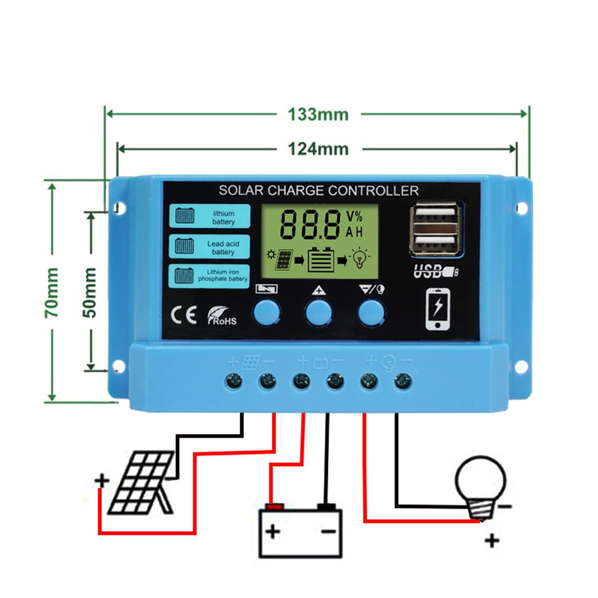 30A/20A/10A Solar Charger Controller 12V 24V Auto PWM Controller LCD Display Dual USB Solar Power Regulator for Lithium Battery