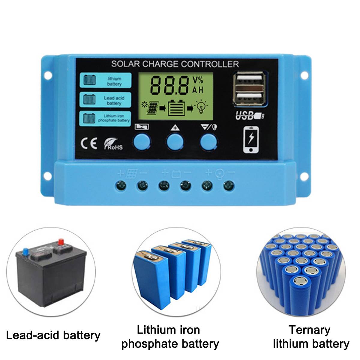 30A/20A/10A Solar Charger Controller 12V 24V Auto PWM Controller LCD Display Dual USB Solar Power Regulator for Lithium Battery