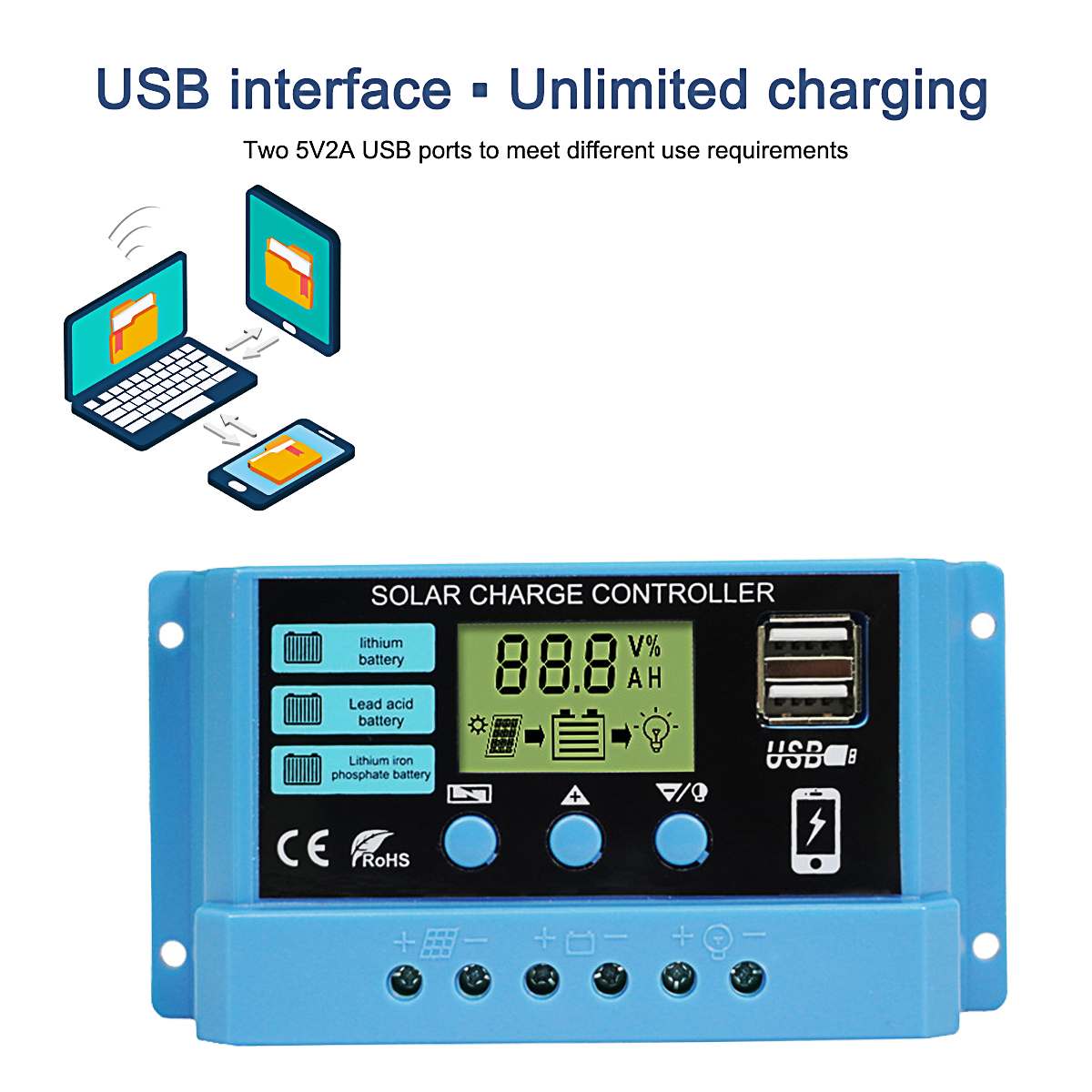 30A/20A/10A Solar Charger Controller 12V 24V Auto PWM Controller LCD Display Dual USB Solar Power Regulator for Lithium Battery