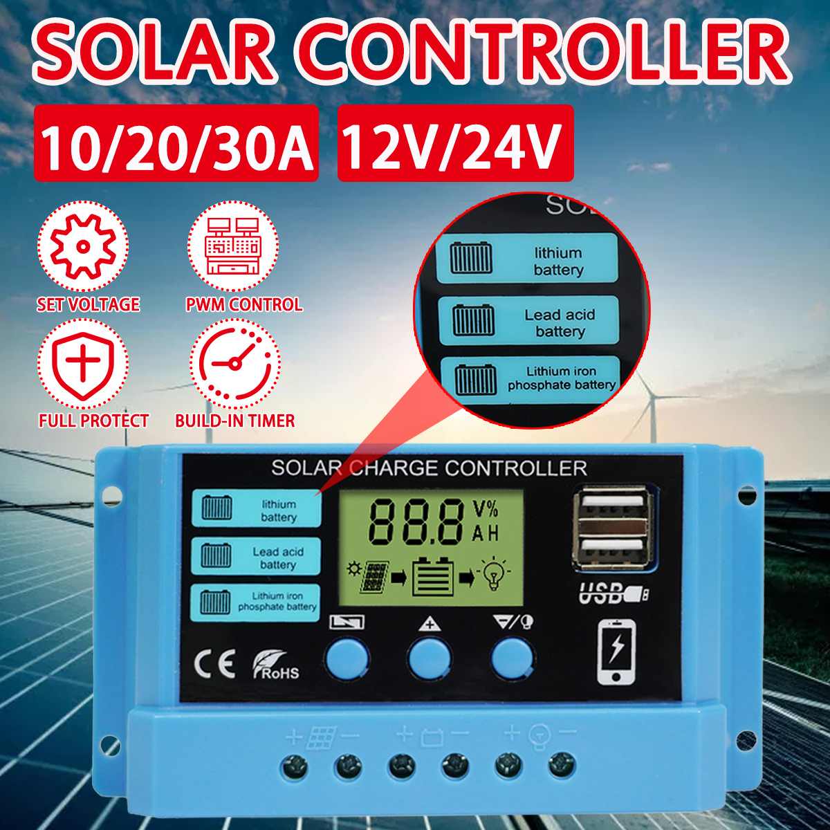 30A/20A/10A Solar Charger Controller 12V 24V Auto PWM Controller LCD Display Dual USB Solar Power Regulator for Lithium Battery