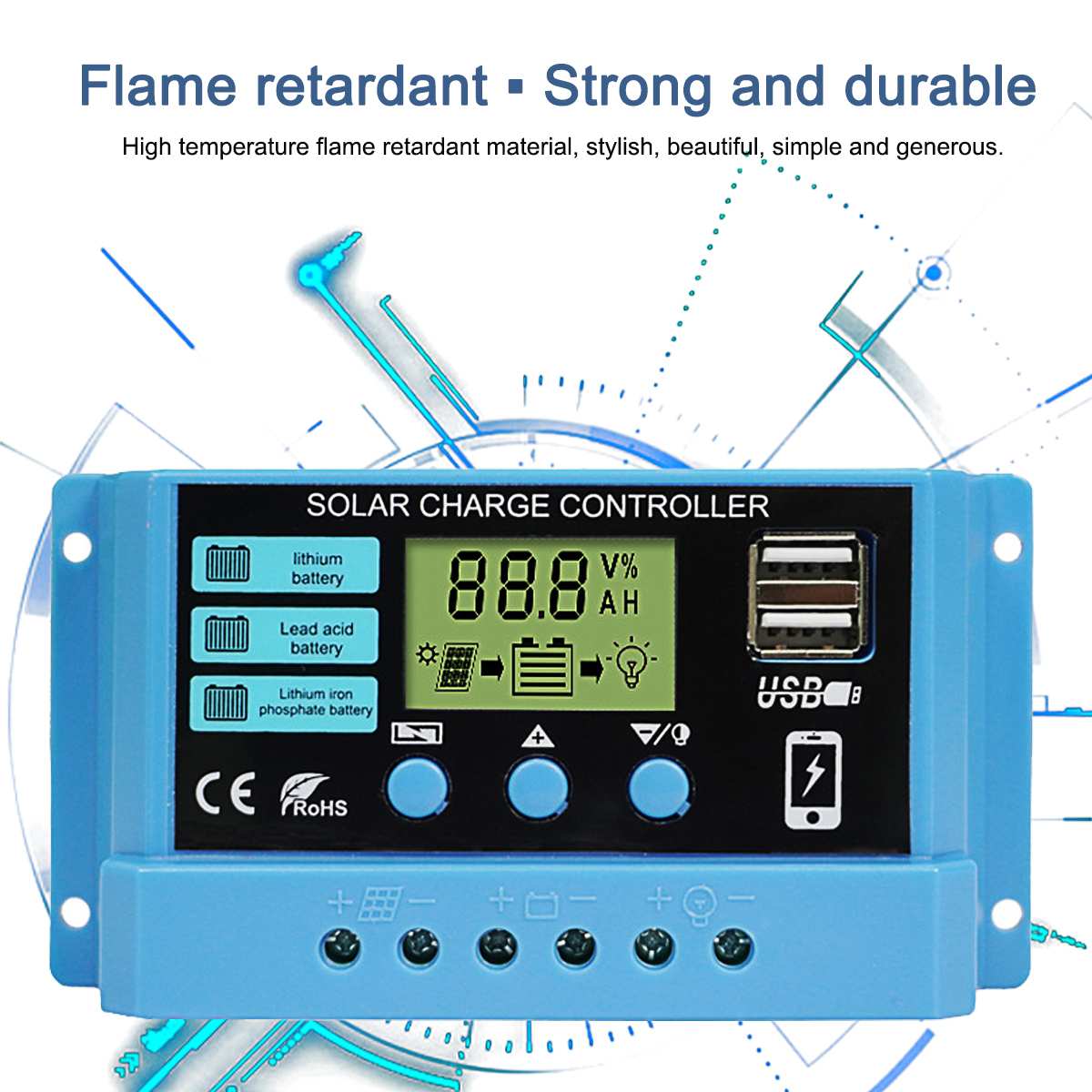 30A/20A/10A Solar Charger Controller 12V 24V Auto PWM Controller LCD Display Dual USB Solar Power Regulator for Lithium Battery