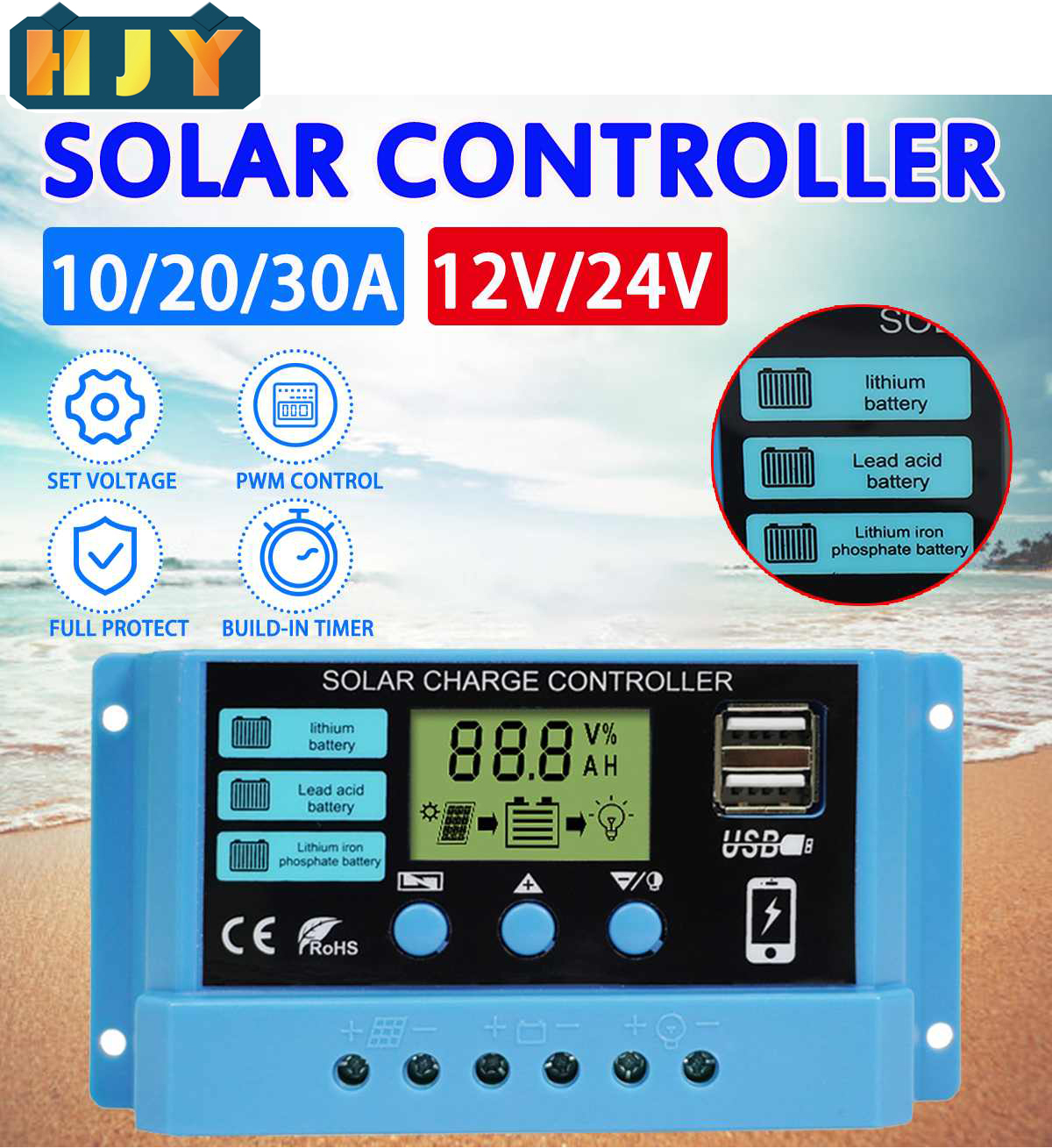 30A/20A/10A Solar Charger Controller 12V 24V Auto PWM Controller LCD Display Dual USB Solar Power Regulator for Lithium Battery